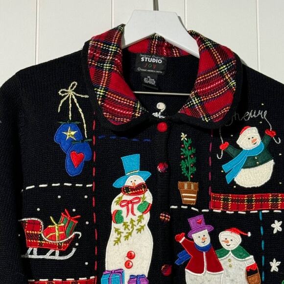 Studio Joy · XL Christmas Cardigan Sweater Snowman Santa Embroidered Plaid Trim - Picture 4 of 11